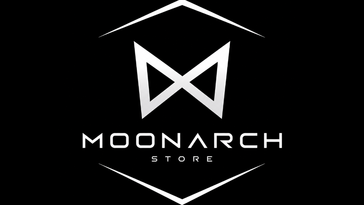 White logo and text of 'MOONARCH STORE' on a black background